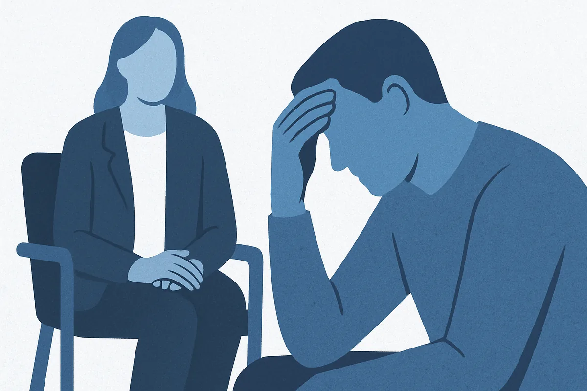 An adult in conversation with a psychologist, head resting on hand, in soft blue tones