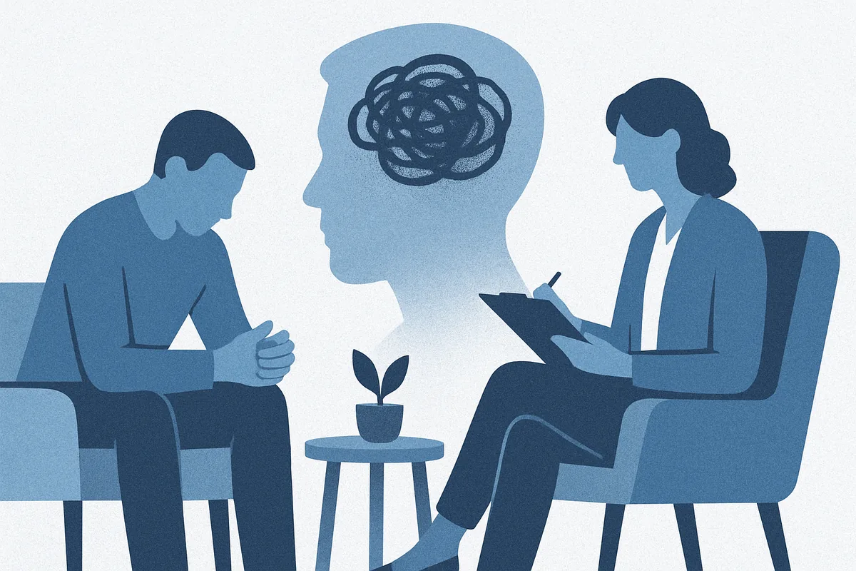 An adult talking with a therapist beside a tangled-thoughts motif, in soft blue tones