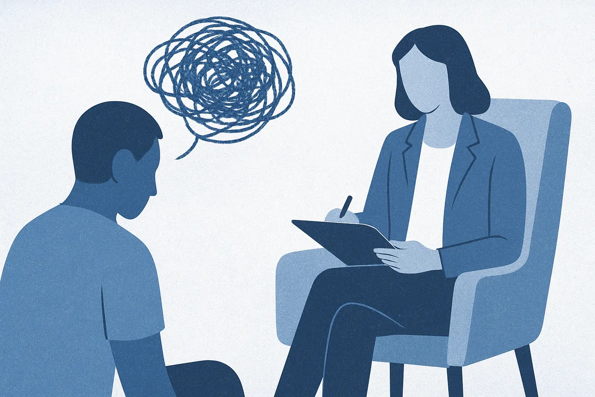 An adult sitting with a therapist beneath a tangled thought scribble, in soft blue tones