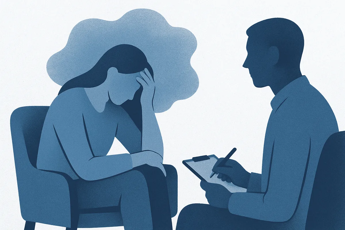 An adult with a worry cloud talking with a clinician taking notes, in soft blue tones