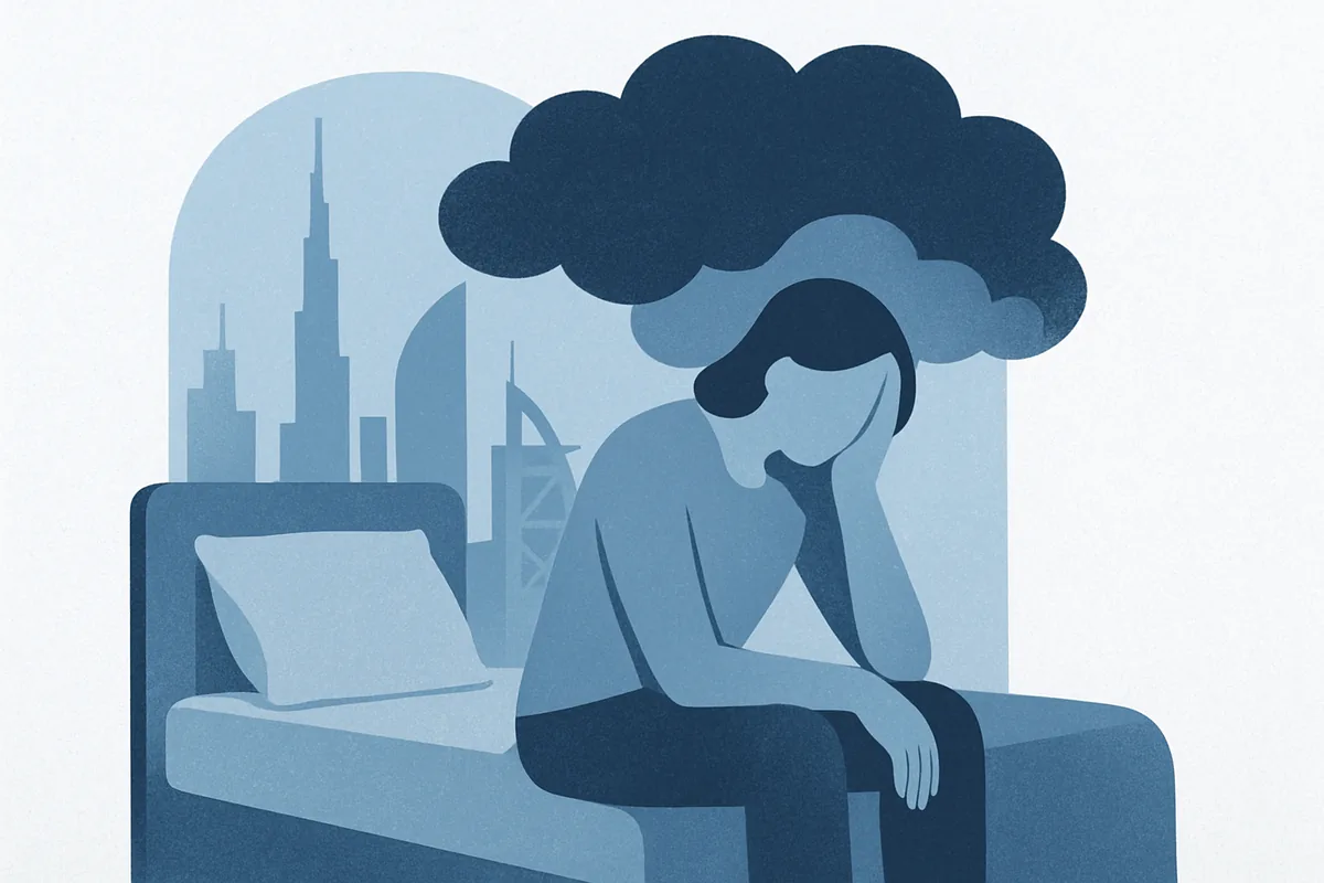 An adult sitting on the edge of a bed beneath a dark worry cloud, in soft blue tones