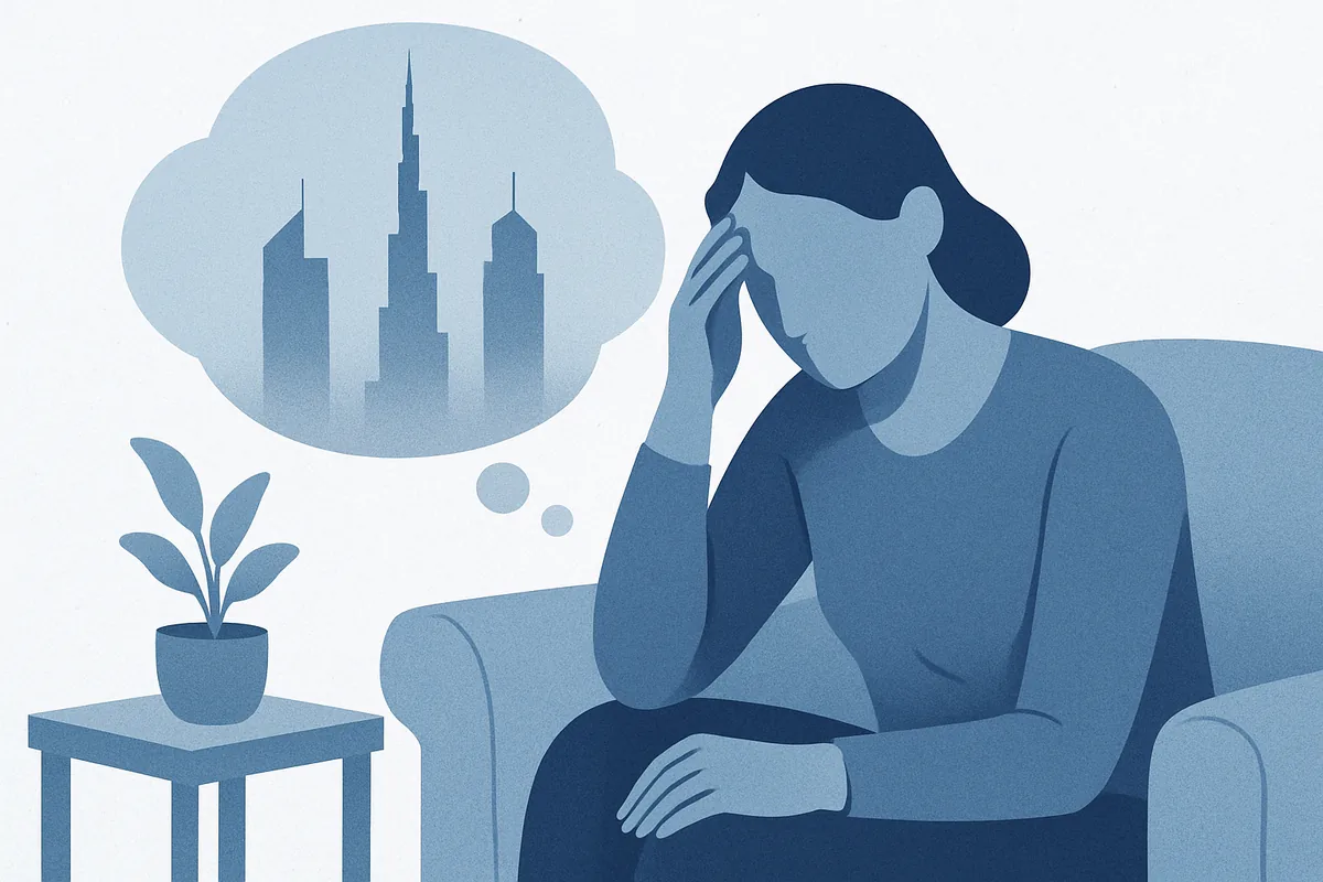 An adult resting her head on her hand beside an intrusive thought bubble, in soft blue tones
