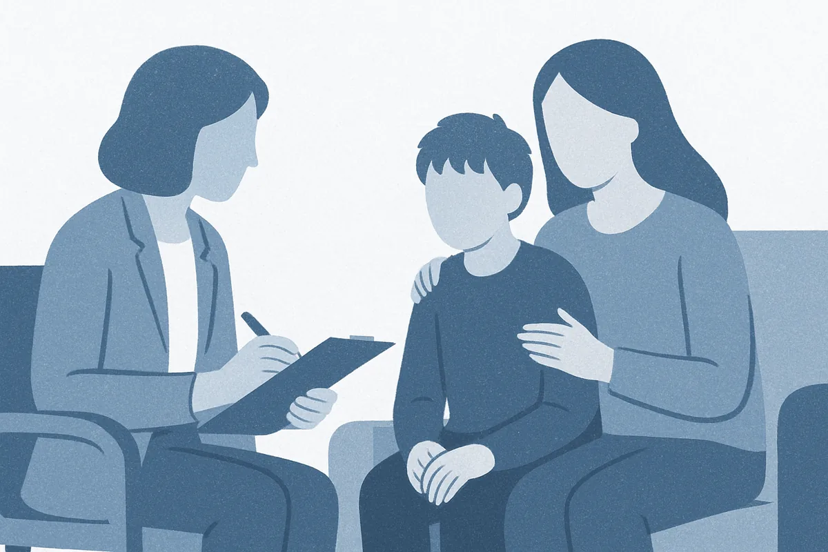 A clinician consulting with a child and mother during a medical appointment, depicted as faceless silhouettes in soft blue tones.