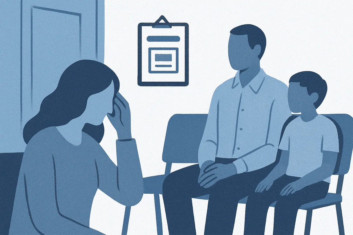 A therapist conducts a family consultation session with an adult and child patient in a clinical waiting room setting, depicted in soft blue tones.