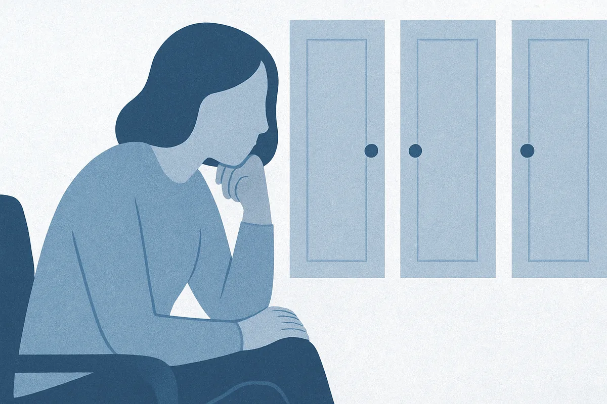 An adult glancing back at a row of cabinet doors, in soft blue tones