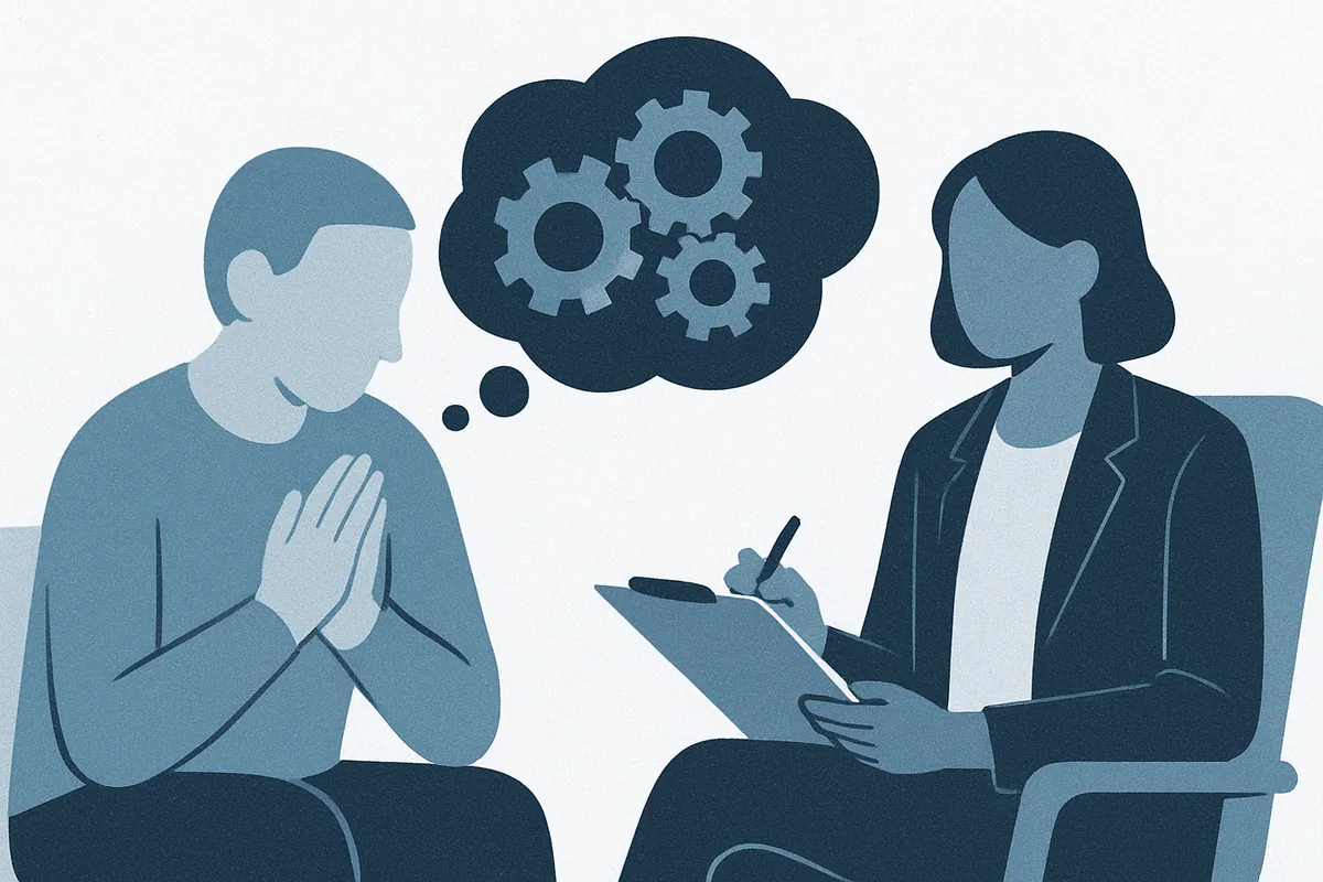 An adult working through looping thoughts with a therapist, in soft blue tones
