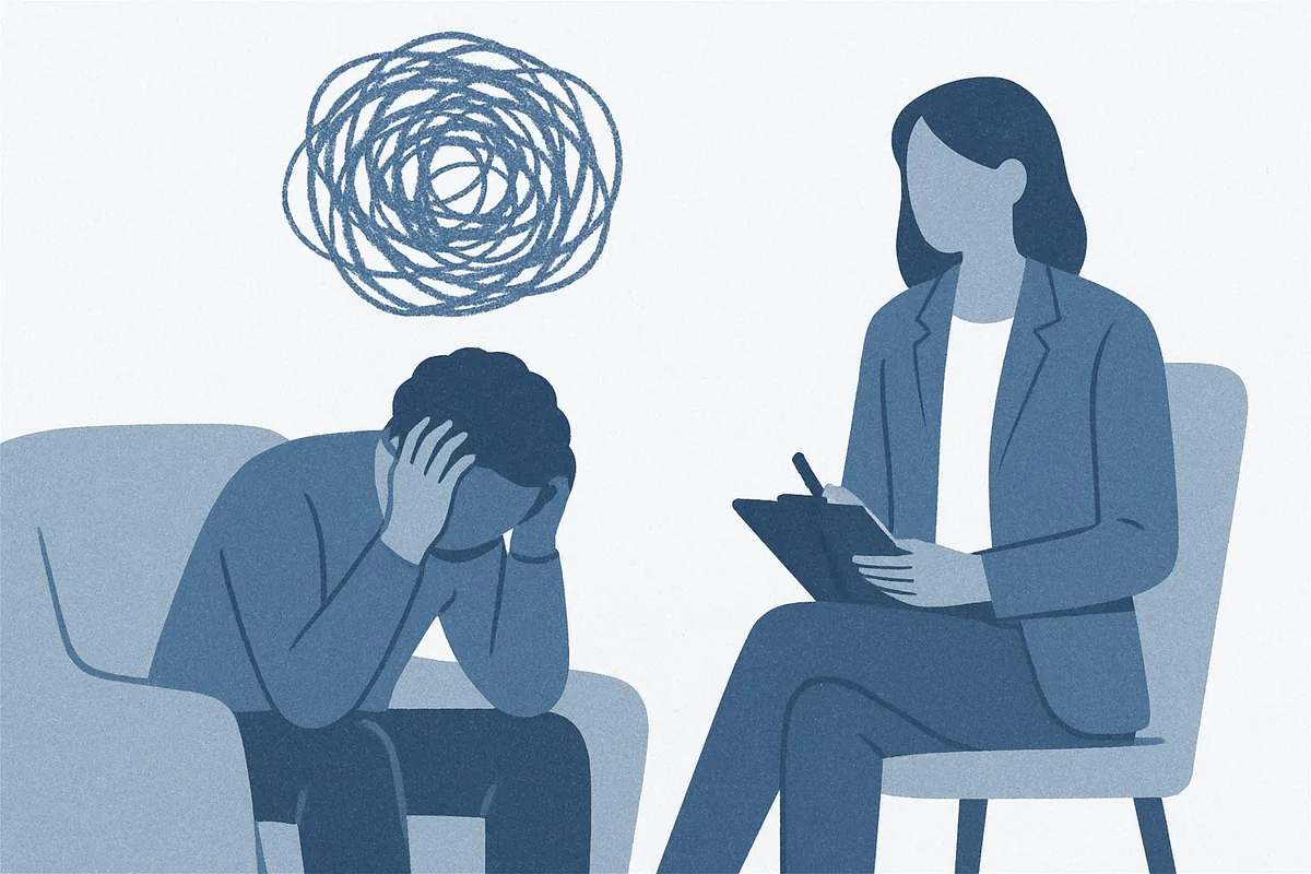 An adult with head in hands supported by a therapist, in soft blue tones