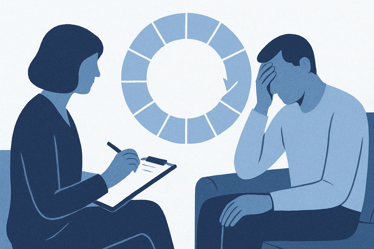 A therapist guiding an adult through an eight-segment cycle motif, in soft blue tones