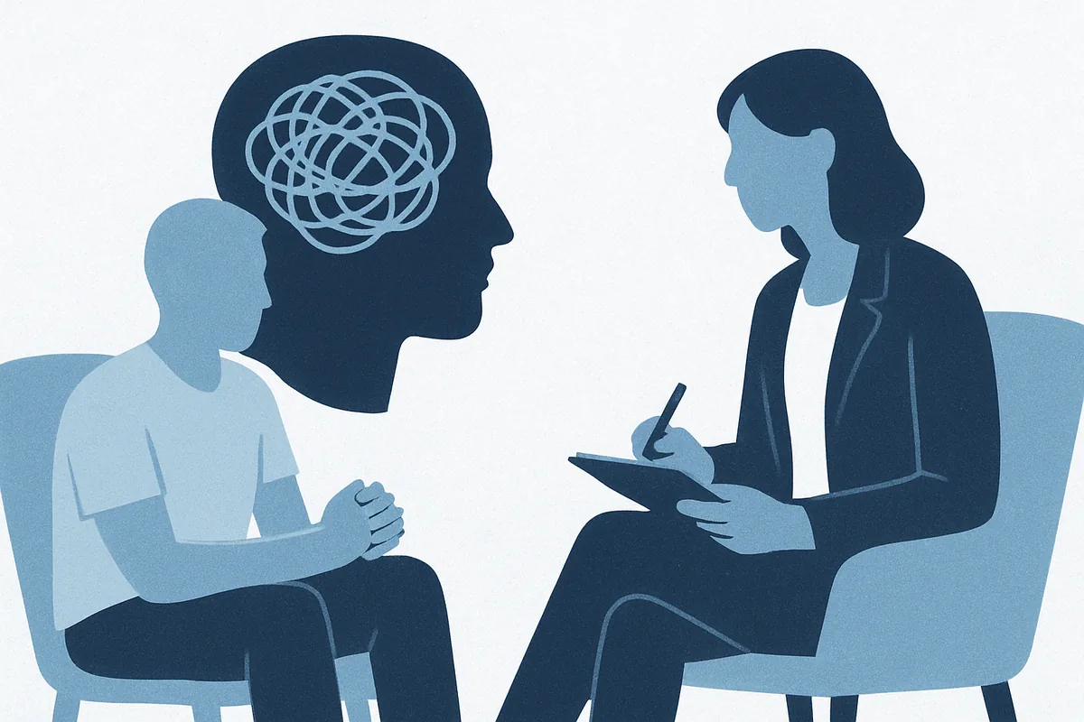 An adult and therapist in session beside a head silhouette with tangled thoughts, in soft blue tones