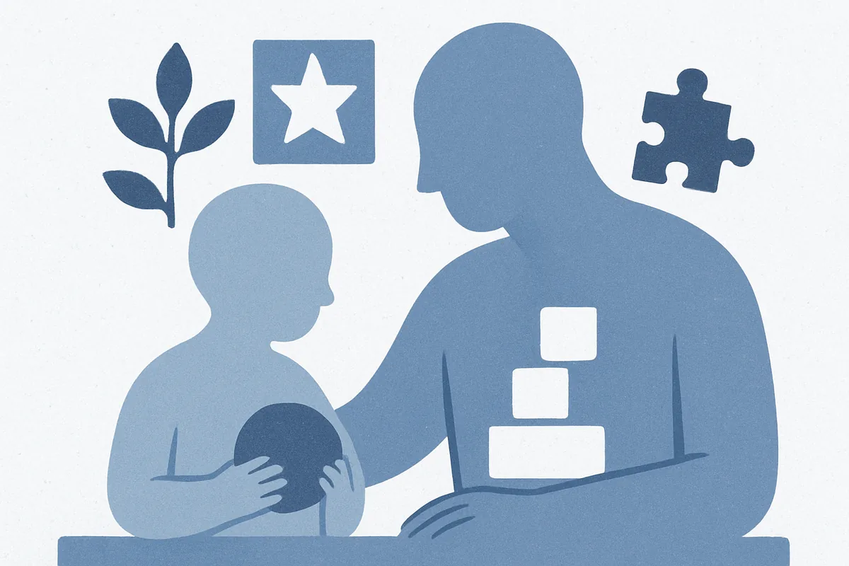 Illustration of a parent and child at a table with building blocks, star and puzzle motifs, in soft blue tones
