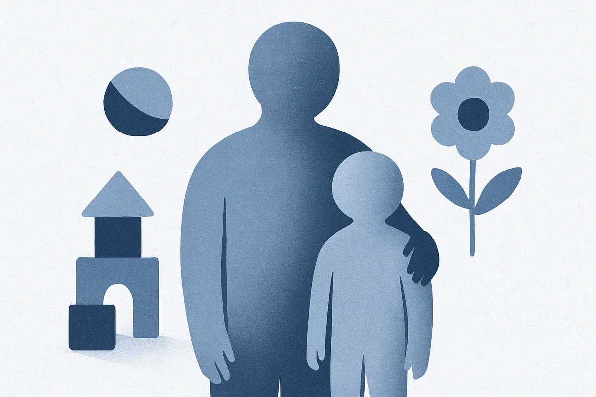 Illustration of an adult standing with a child beside playful shapes and a flower, in soft blue tones