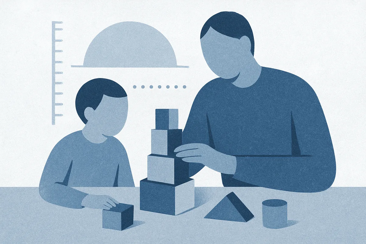 Illustration of a specialist and child stacking blocks beside a measurement scale, in soft blue tones