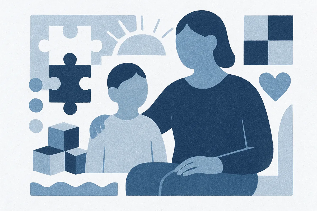 Illustration of a parent with a child among calm geometric patterns and puzzle pieces, in soft blue tones