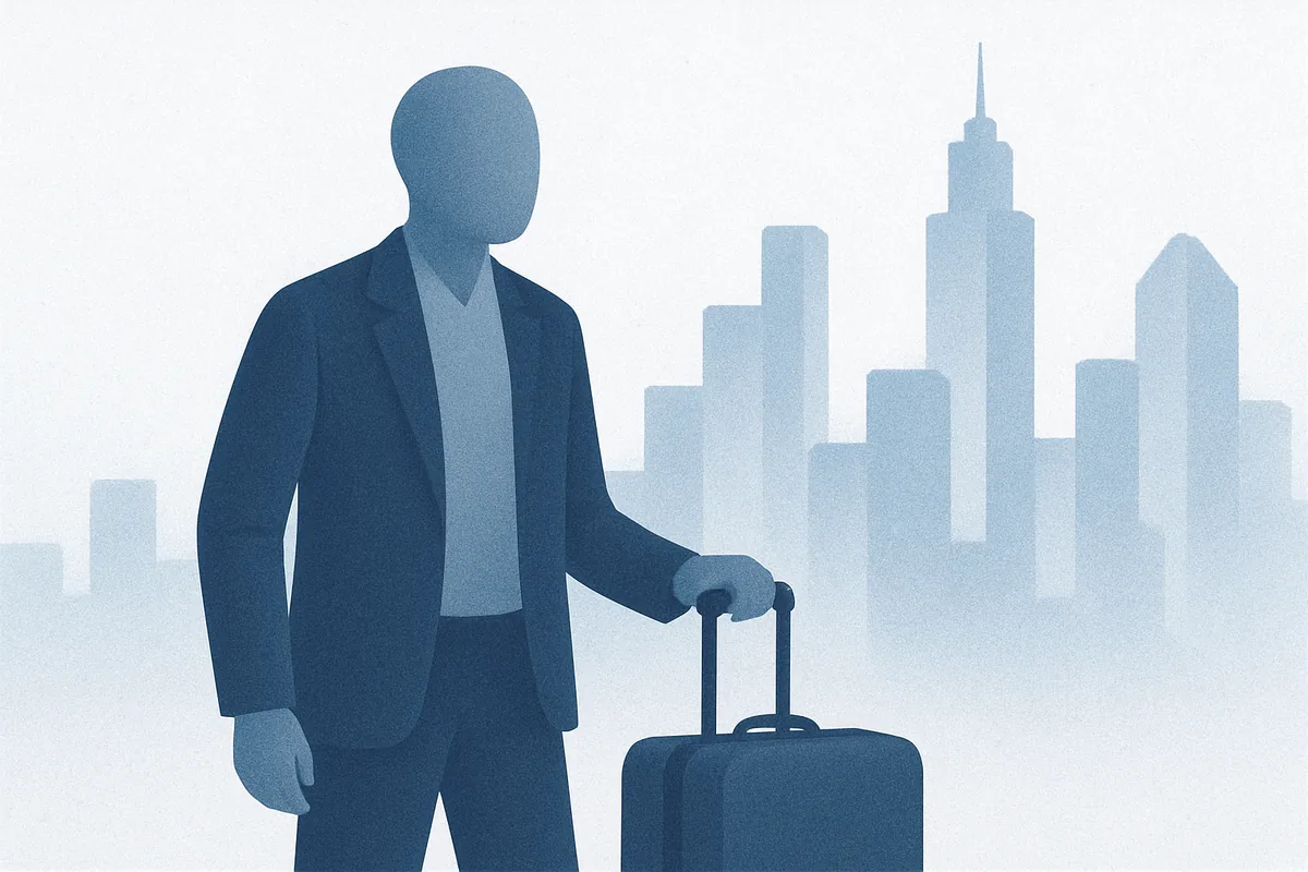 Illustration of a person with a suitcase arriving before a city skyline, in soft blue tones