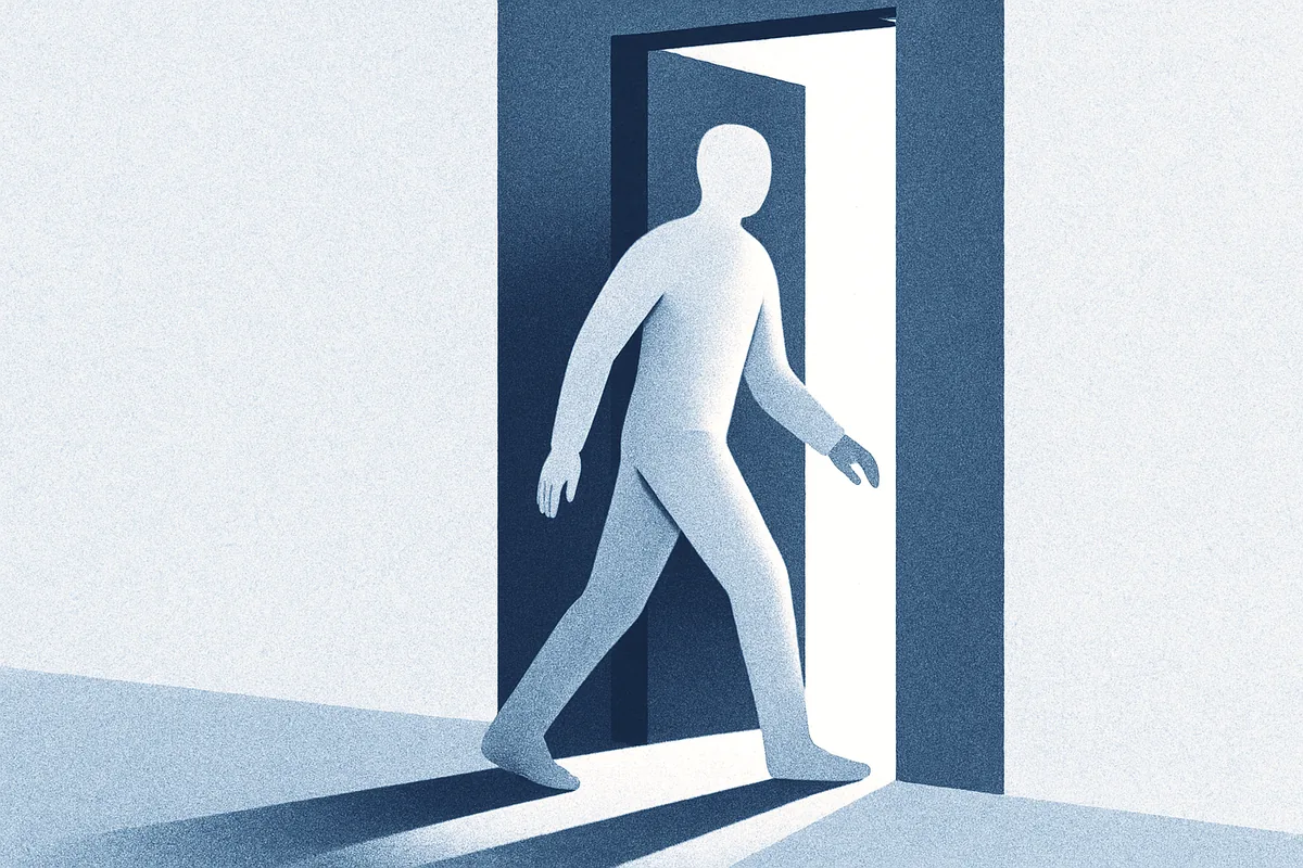 Illustration of a person stepping through a doorway from shadow into light, in soft blue tones