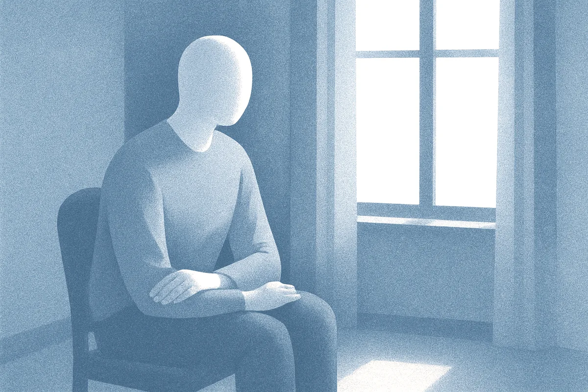 Illustration of an adult sitting by a tall window as soft light returns into the room, in soft blue tones