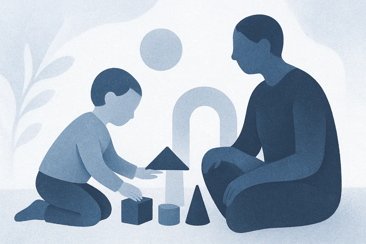 Illustration of a child playing with building shapes while a parent sits nearby, in soft blue tones