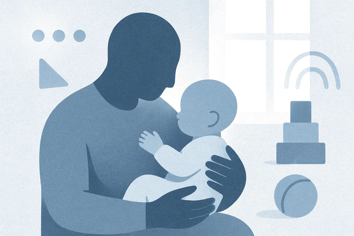 Illustration of a parent cradling an infant by a window in soft morning light, in soft blue tones