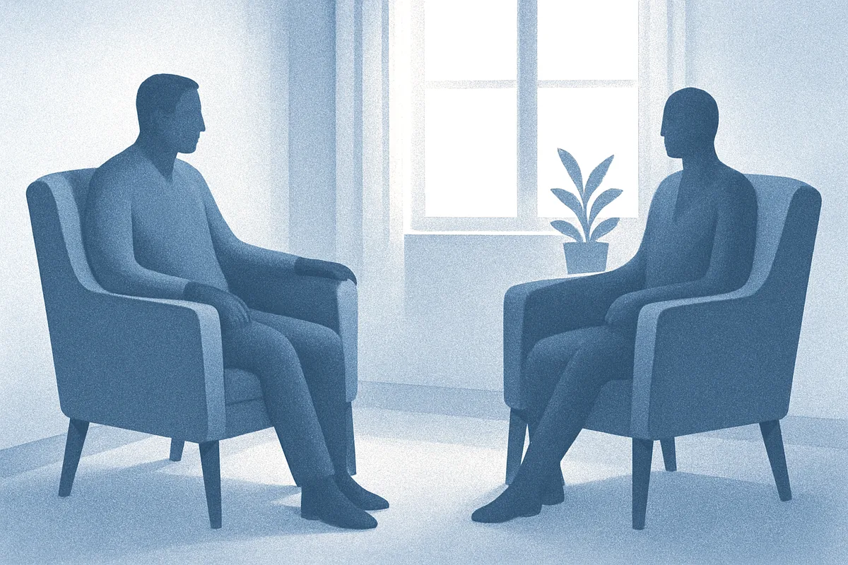 Illustration of two armchairs facing each other in a calm therapy room, in soft blue tones