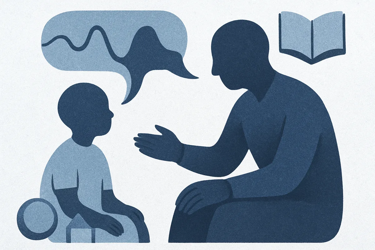 Illustration of a child and adult in conversation with flowing speech-bubble shapes, in soft blue tones